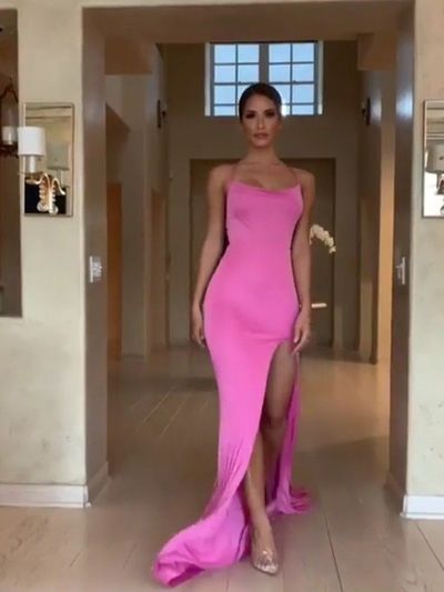 SP2055,Sexy Mermaid Cowl Neck Fuchsia Evening Party Dresses,Slit Prom Dresses