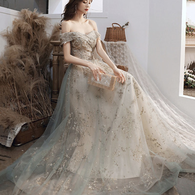 Cute tulle sequins long prom dress a line evening dress - Thumbnail 3