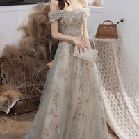 Cute tulle sequins long prom dress A line evening dress - Thumbnail 1