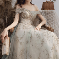 Cute tulle sequins long prom dress A line evening dress - Thumbnail 2