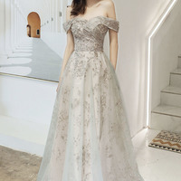 Cute tulle sequins long prom dress A line evening dress - Thumbnail 3