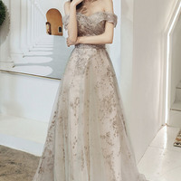 Cute tulle sequins long prom dress A line evening dress - Thumbnail 4