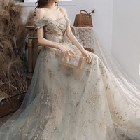 Cute tulle sequins long prom dress A line evening dress - Thumbnail 6