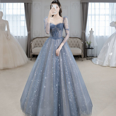 Blue tulle beads long prom dress blue evening dress - Thumbnail 2