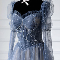 Blue tulle beads long prom dress blue evening dress - Thumbnail 1