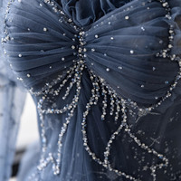 Blue tulle beads long prom dress blue evening dress - Thumbnail 2