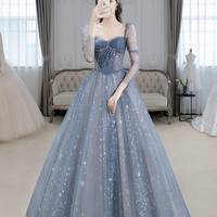 Blue tulle beads long prom dress blue evening dress - Thumbnail 3