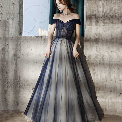 Blue tulle beads long prom dress a line evening dress