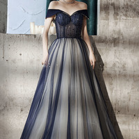 Blue tulle beads long prom dress A line evening dress - Thumbnail 1