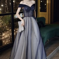 Blue tulle beads long prom dress A line evening dress - Thumbnail 2