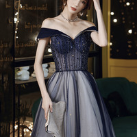 Blue tulle beads long prom dress A line evening dress - Thumbnail 3