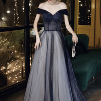 Blue tulle beads long prom dress A line evening dress - Thumbnail 4