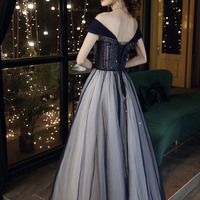 Blue tulle beads long prom dress A line evening dress - Thumbnail 5