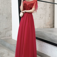 Red tulle sequins long prom dress red evening dress - Thumbnail 1