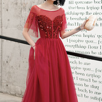 Red tulle sequins long prom dress red evening dress - Thumbnail 2
