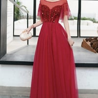 Red tulle sequins long prom dress red evening dress - Thumbnail 3