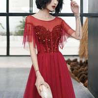 Red tulle sequins long prom dress red evening dress - Thumbnail 4