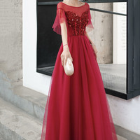 Red tulle sequins long prom dress red evening dress - Thumbnail 6