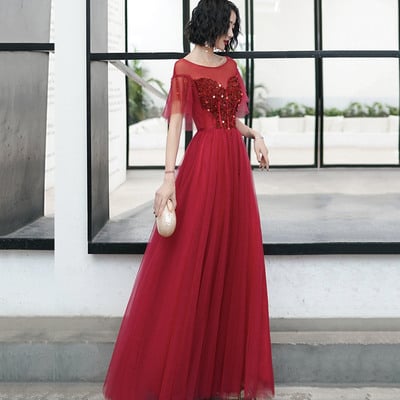 Red tulle sequins long prom dress red evening dress - Thumbnail 4