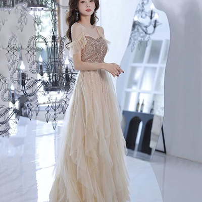 Cute tulle sequins long prom dress a line evening dress - Thumbnail 2
