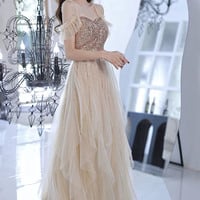 Cute tulle sequins long prom dress A line evening dress - Thumbnail 1