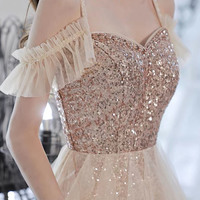 Cute tulle sequins long prom dress A line evening dress - Thumbnail 2