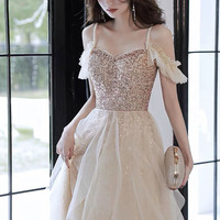 Cute tulle sequins long prom dress A line evening dress - Thumbnail 4