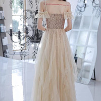 Cute tulle sequins long prom dress A line evening dress - Thumbnail 5