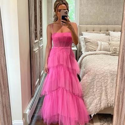 Simple hot pink tiered tulle long prom dress - Thumbnail 1
