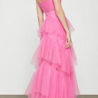 Simple Hot Pink Tiered Tulle Long Prom Dress - Thumbnail 1