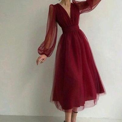 Long sleeves burgundy tulle tea length prom evening dresses - Thumbnail 1
