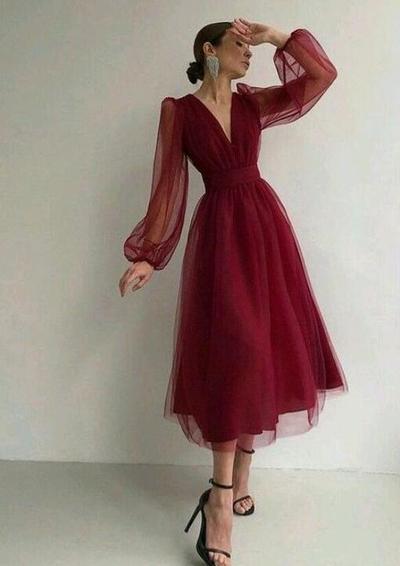 Long Sleeves Burgundy Tulle Tea Length Prom Evening Dresses