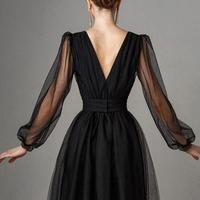 Long Sleeves Burgundy Tulle Tea Length Prom Evening Dresses - Thumbnail 1