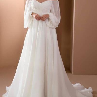 Beauty off the shoulder a-line long sleeve chiffon beach wedding dresses - Thumbnail 4