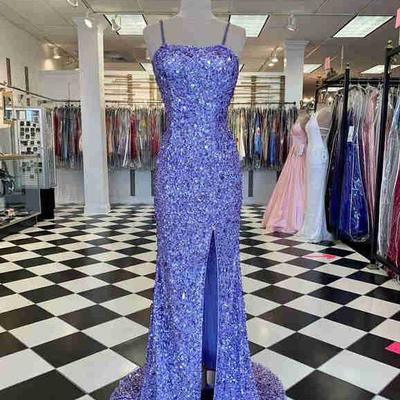 Mermaid sparkle lavender sqeuined prom dress with slit - Thumbnail 1