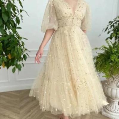 Tea length v neck tulle prom dress - Thumbnail 1