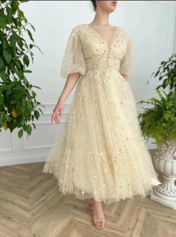 Tea Length V Neck Tulle Prom Dress