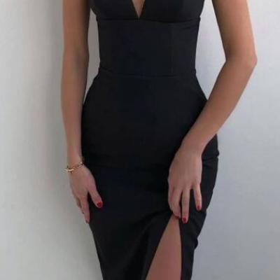 Floor length spaghetti straps black /red v neck prom dress with split  - Thumbnail 1