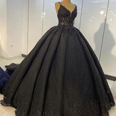 Spaghetti straps black lace ball gown prom dresses for party - Thumbnail 3