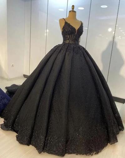 Spaghetti Straps Black Lace Ball Gown Prom Dresses for Party