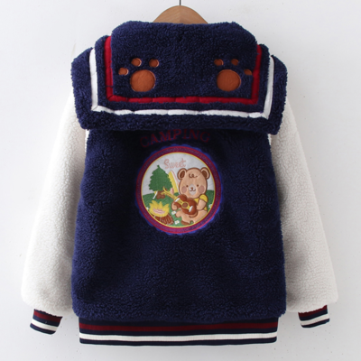 Harajuku Vintage Embroidered Bear Navy Collar Jacket