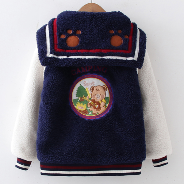 Harajuku Vintage Embroidered Bear Navy Collar Jacket