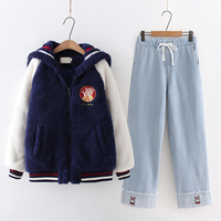 Harajuku Vintage Embroidered Bear Navy Collar Jacket - Thumbnail 3