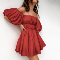 Puff Sleeve Princess Short Sleeve One-Line Neck Dress - Thumbnail 3