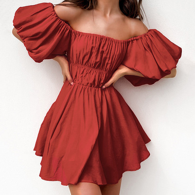 Puff sleeve princess short sleeve one-line neck dress