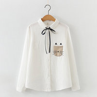 Cute Cat Packet Embroidered Cotton Long Sleeve White Shirt - Thumbnail 2