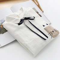 Cute Cat Packet Embroidered Cotton Long Sleeve White Shirt - Thumbnail 1