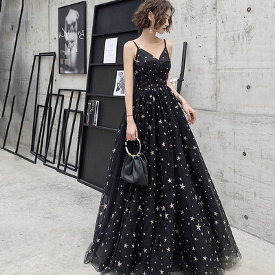Black tulle long a line prom dress with star - Thumbnail 1