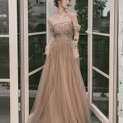Cute tulle sequins long prom dress a line evening dress