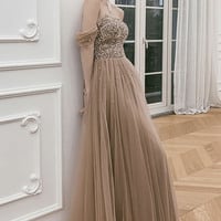 Cute tulle sequins long prom dress A line evening dress - Thumbnail 1